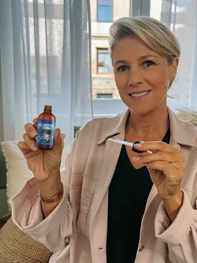 Karen L. from Boulder, CO holding Nu Nerve supplement dropper and smiling